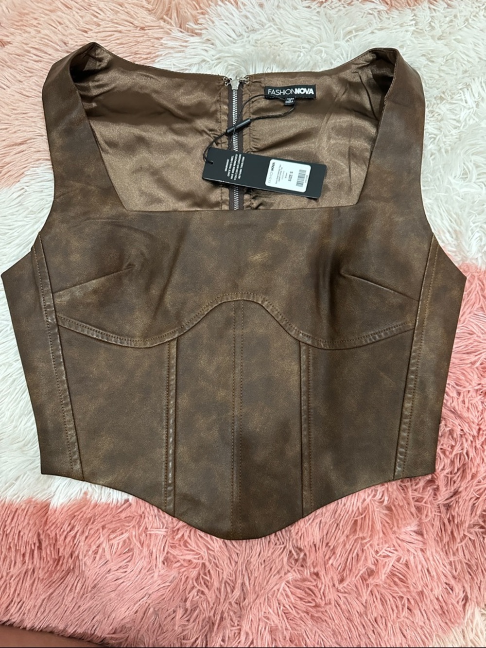 Fashion Nova Brown Distressed Faux Leather Corset